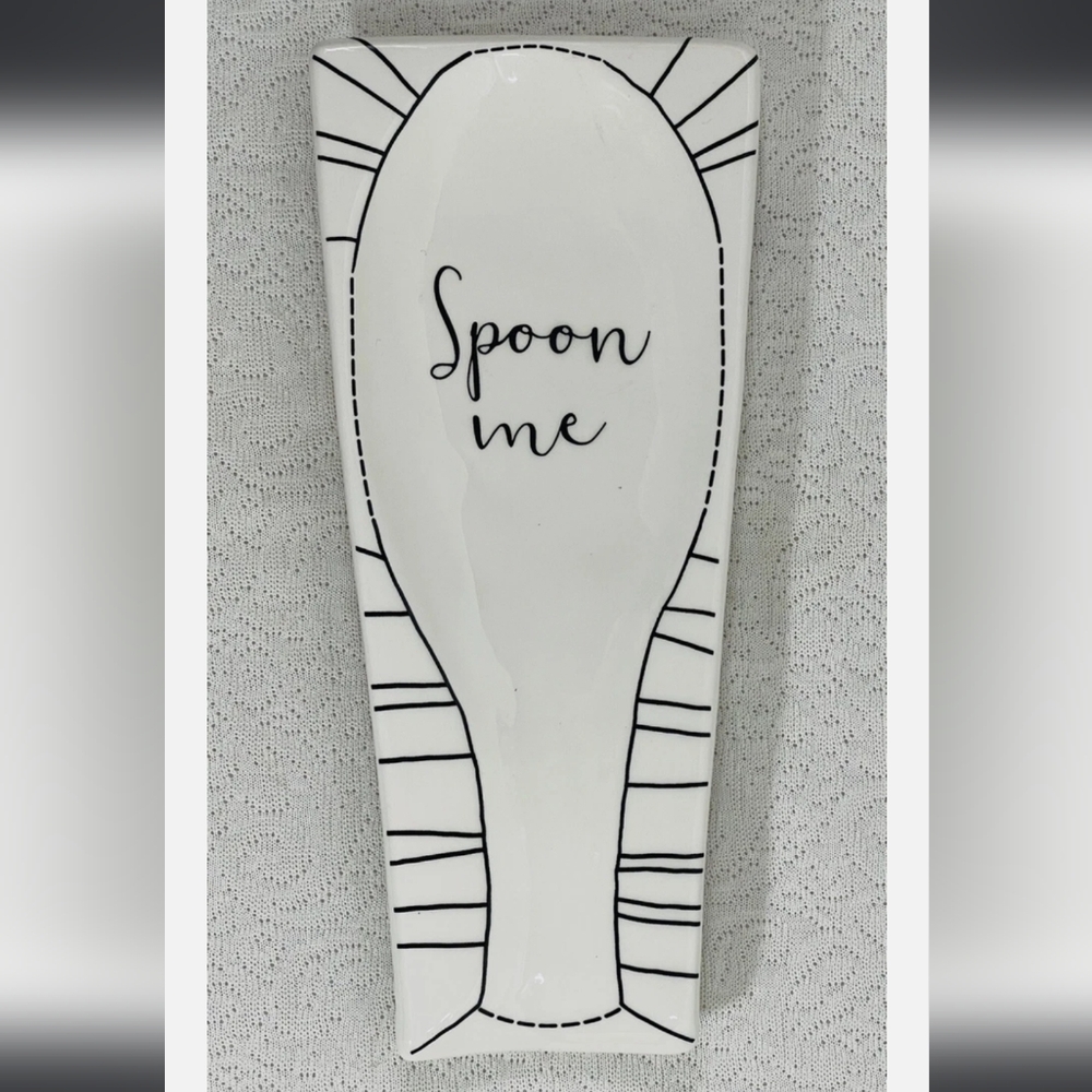 White Ceramic Spoon Rest with Black Design "Spoon Me"